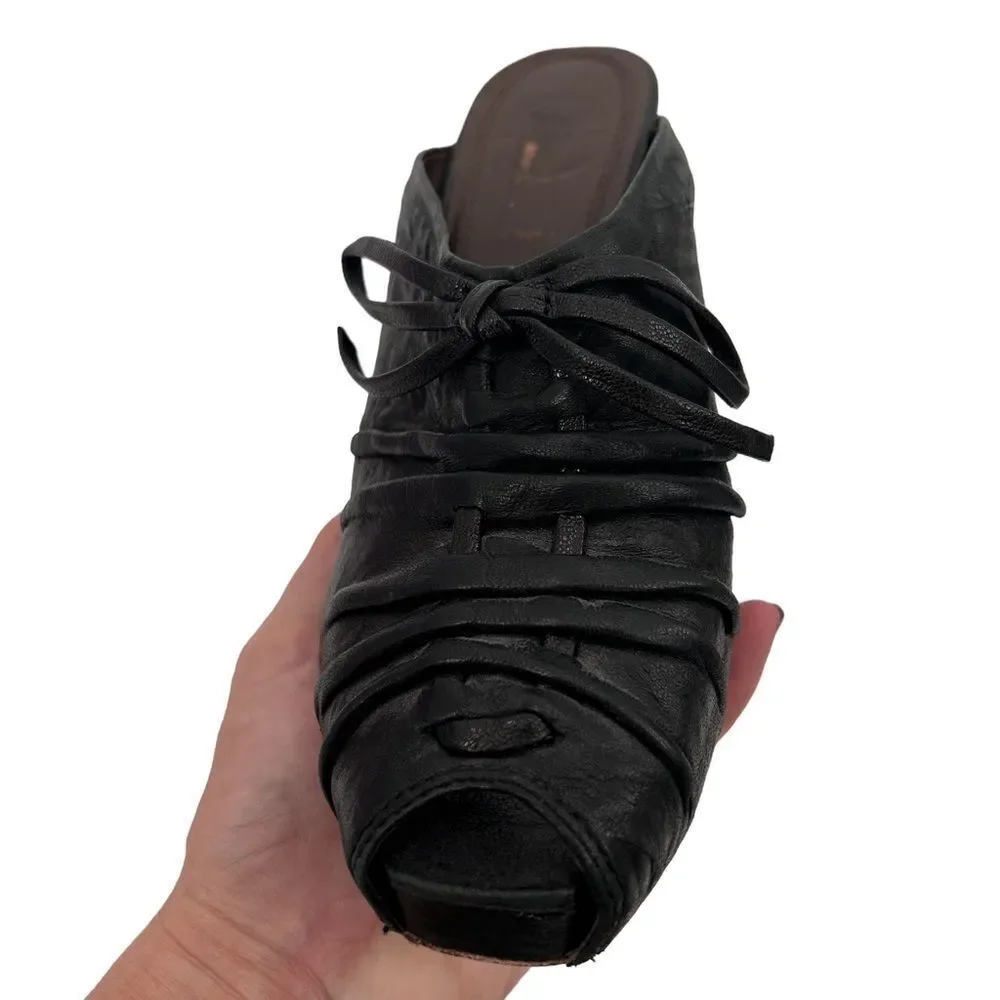 Frye Gwen black peep toe wedge with tie size 8.5